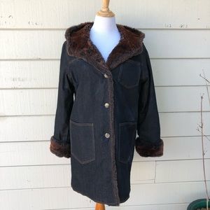 Apropos Blue Denim Hooded Faux Fur Trim Car Coat M